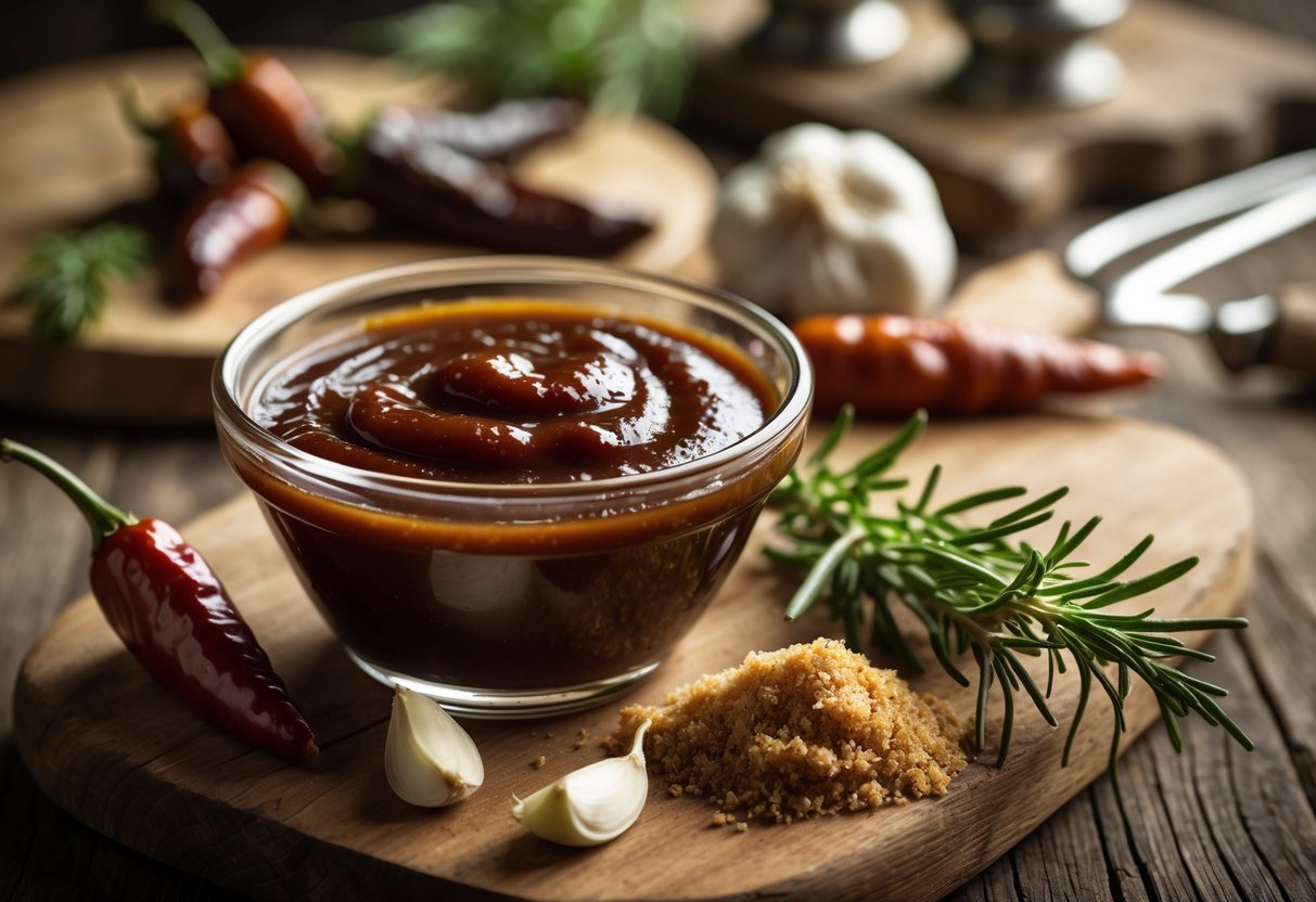 A small glass bowl of smoky BBQ sauce on a wooden table surrounded by smoked chili peppers, garlic, rosemary, and brown sugar.
