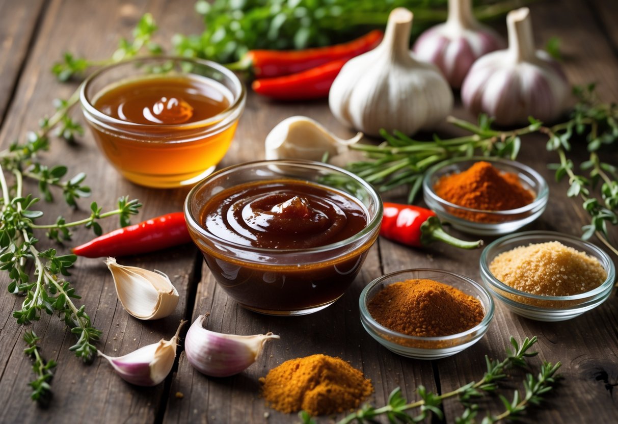 A wooden table with bowls and ingredients including honey, BBQ sauce, chili peppers, garlic, herbs, brown sugar, and smoked paprika for making a sweet and spicy honey BBQ glaze.