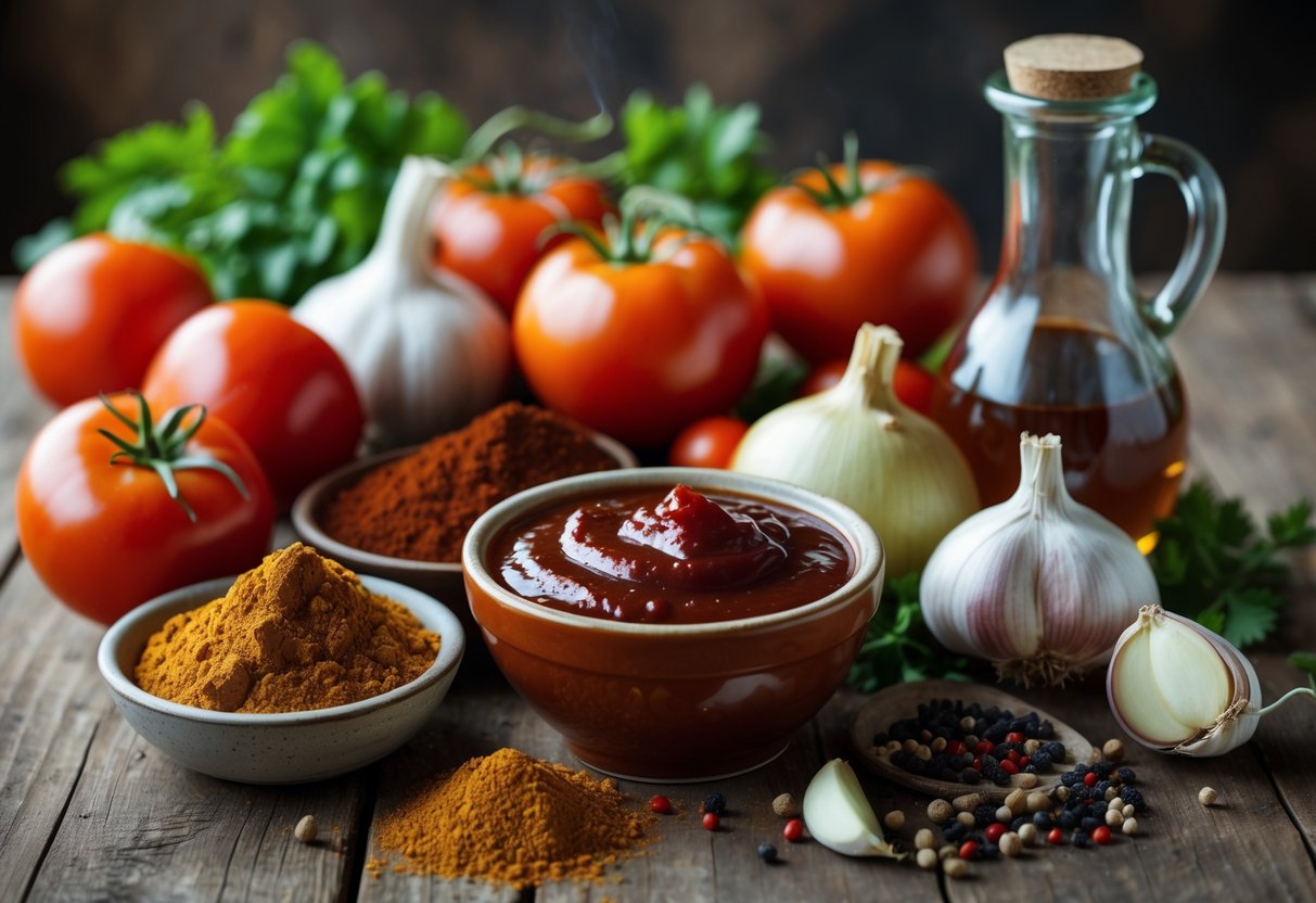 A wooden table with fresh ingredients for smoky BBQ sauce including tomatoes, garlic, onion, spices, and a bowl of BBQ sauce.