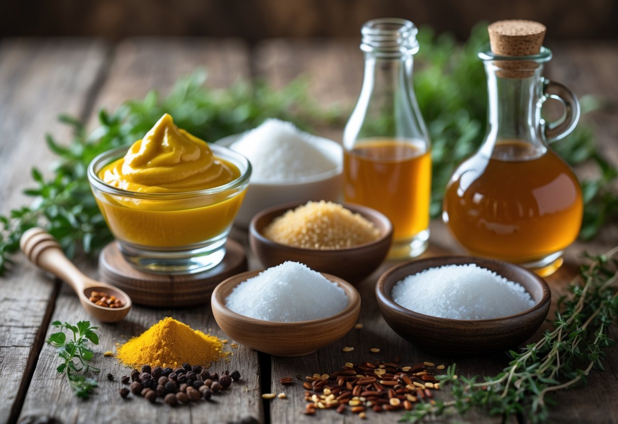 A wooden table with bowls and bottles containing mustard, vinegar, sugar, salt, pepper, chili flakes, and fresh herbs arranged neatly.