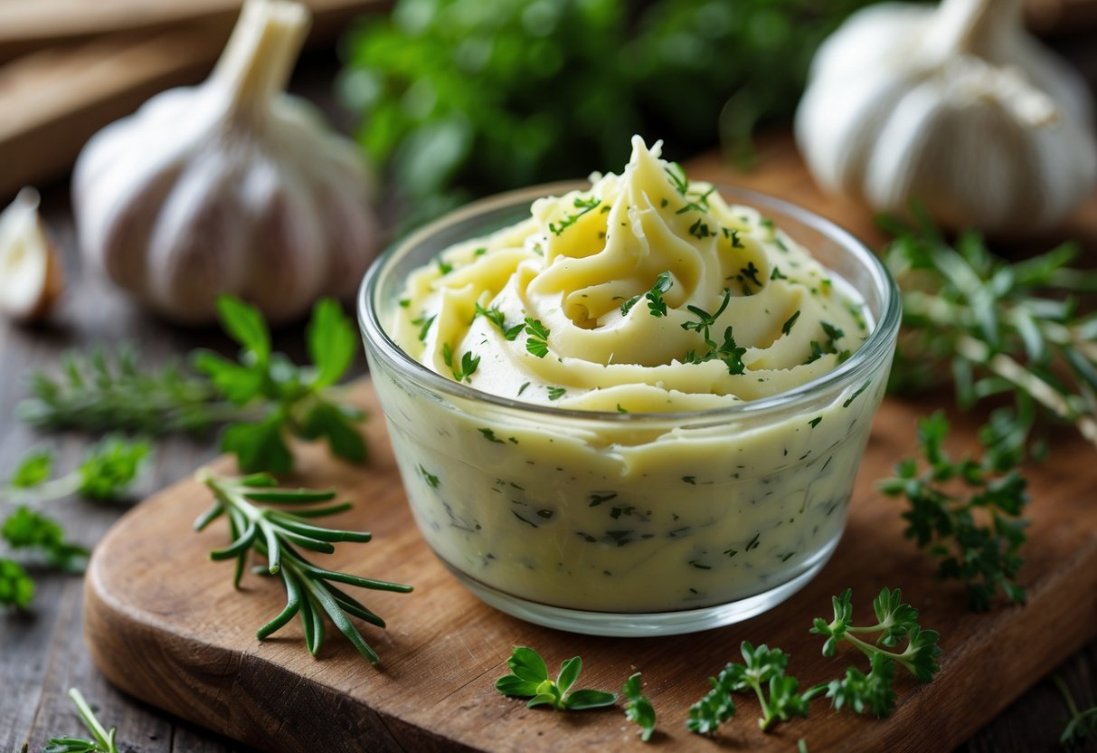 A bowl of garlic and herb BBQ butter surrounded by fresh garlic and herbs on a wooden cutting board.