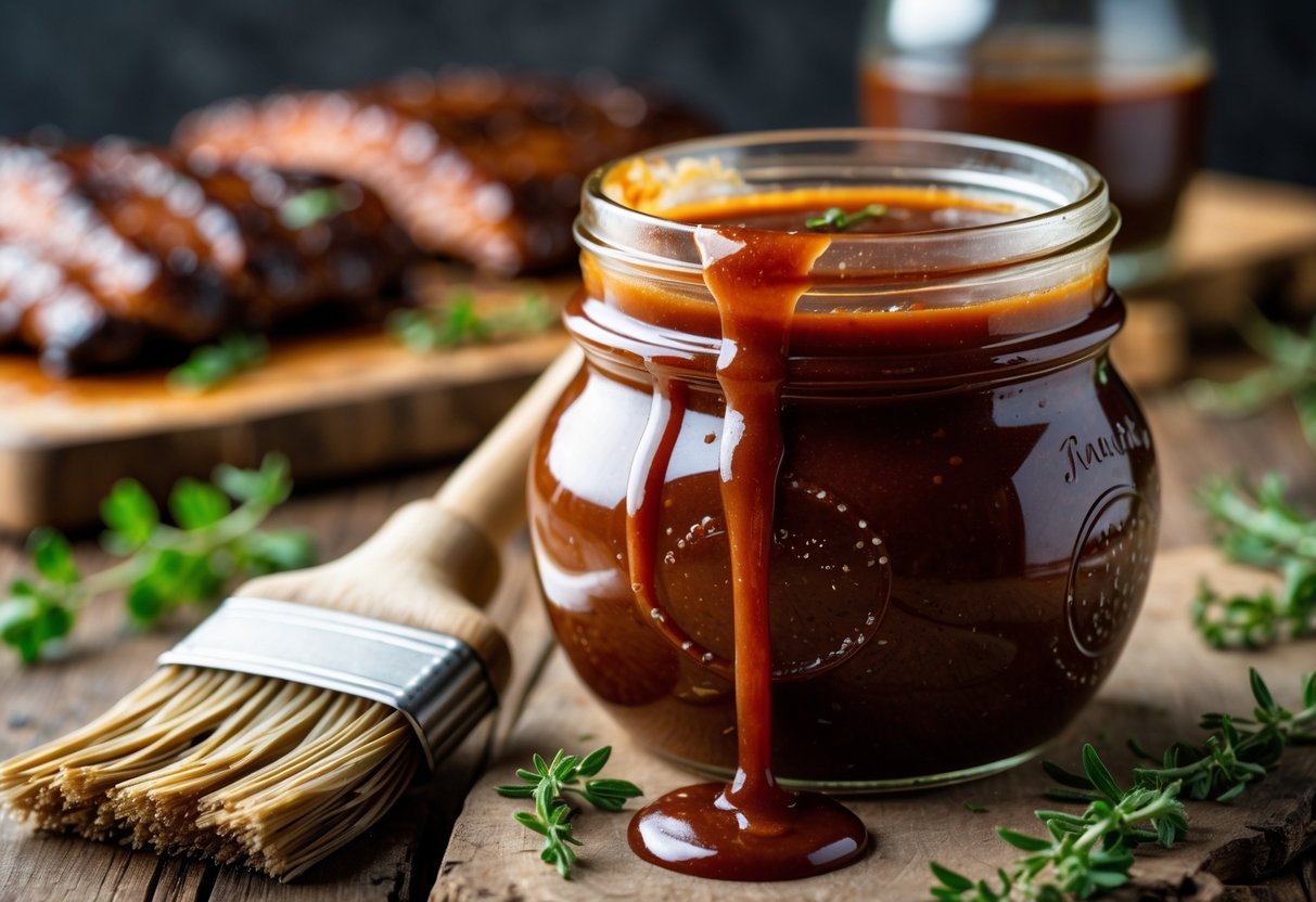 A jar of dark barbecue mop sauce with a sauce-covered brush on a wooden table and grilled meats in the background.