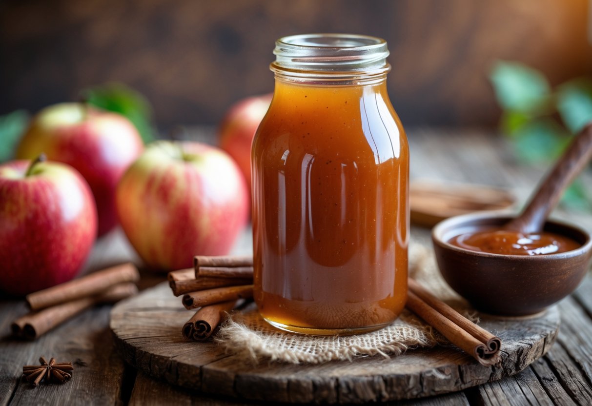 A bottle of sweet apple cider BBQ sauce surrounded by apples, cinnamon sticks, and a bowl of sauce on a wooden table.