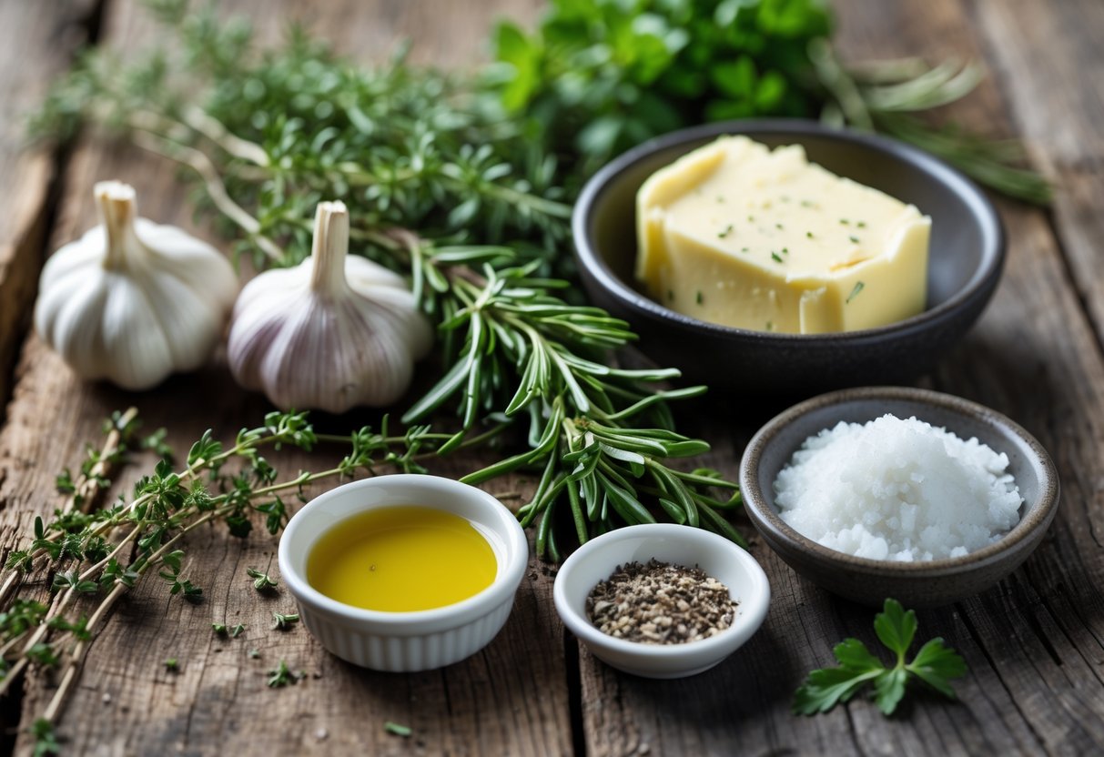 Fresh garlic cloves, herbs, butter, salt, pepper, and olive oil arranged on a wooden surface.