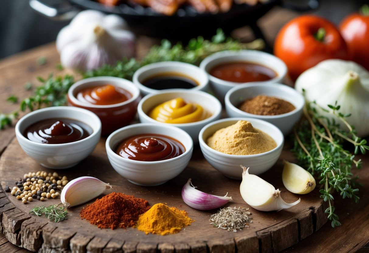 Close-up of various fresh ingredients and spices arranged on a wooden table for making barbecue mop sauce.