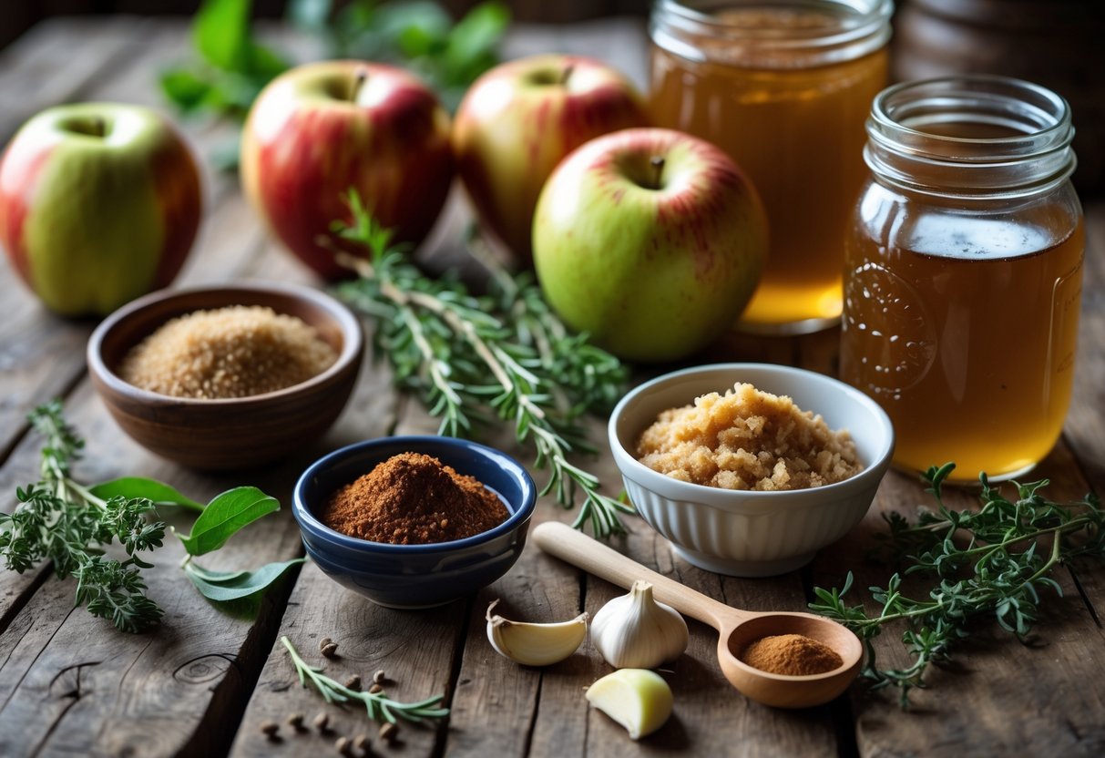 A wooden table with fresh apples, apple cider, brown sugar, spices, herbs, garlic, and BBQ sauce ingredients arranged neatly.