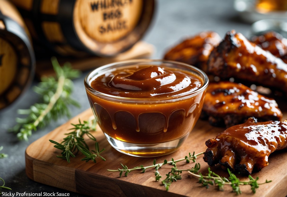A bowl of sticky whiskey BBQ sauce surrounded by grilled meat and fresh herbs on a wooden table.