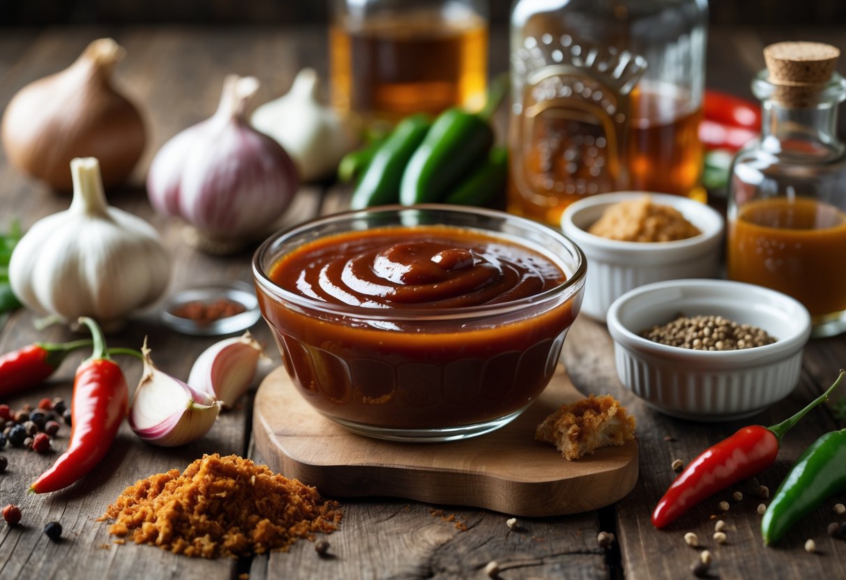 A wooden table displaying ingredients for sticky whiskey BBQ sauce, including garlic, onions, chili peppers, whiskey, brown sugar, tomato paste, vinegar, and spices arranged around a bowl of BBQ sauce.
