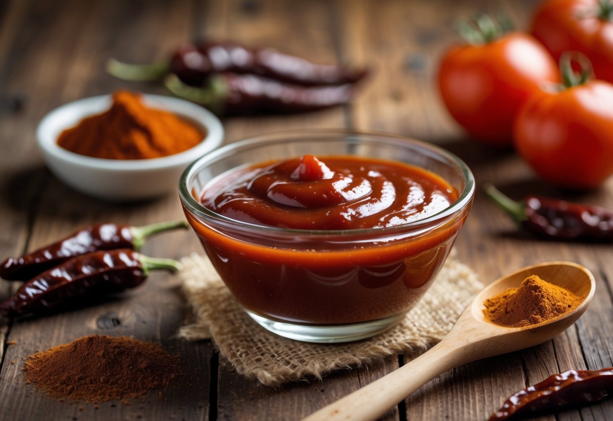 A bowl of chipotle BBQ ketchup with dried chipotle peppers, paprika, and fresh tomatoes on a wooden table.