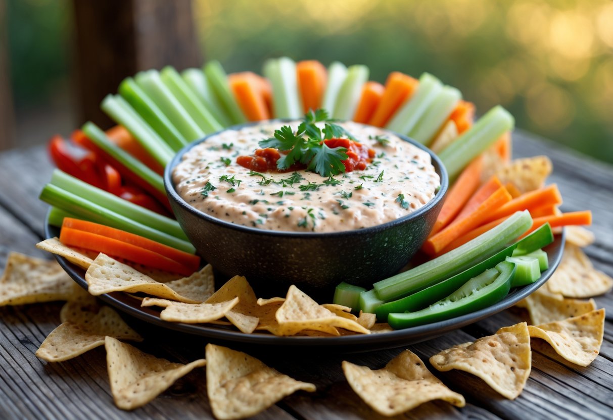 A bowl of creamy ranch BBQ dip surrounded by vegetable sticks and tortilla chips on a wooden table.
