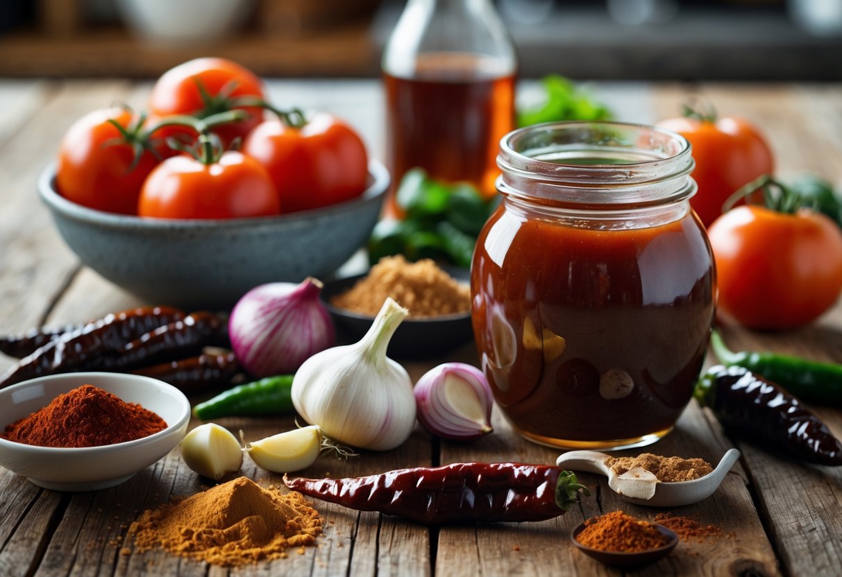 Fresh ingredients including tomatoes, chipotle peppers, garlic, onions, brown sugar, vinegar, and spices arranged around a jar of dark red BBQ ketchup on a wooden table.