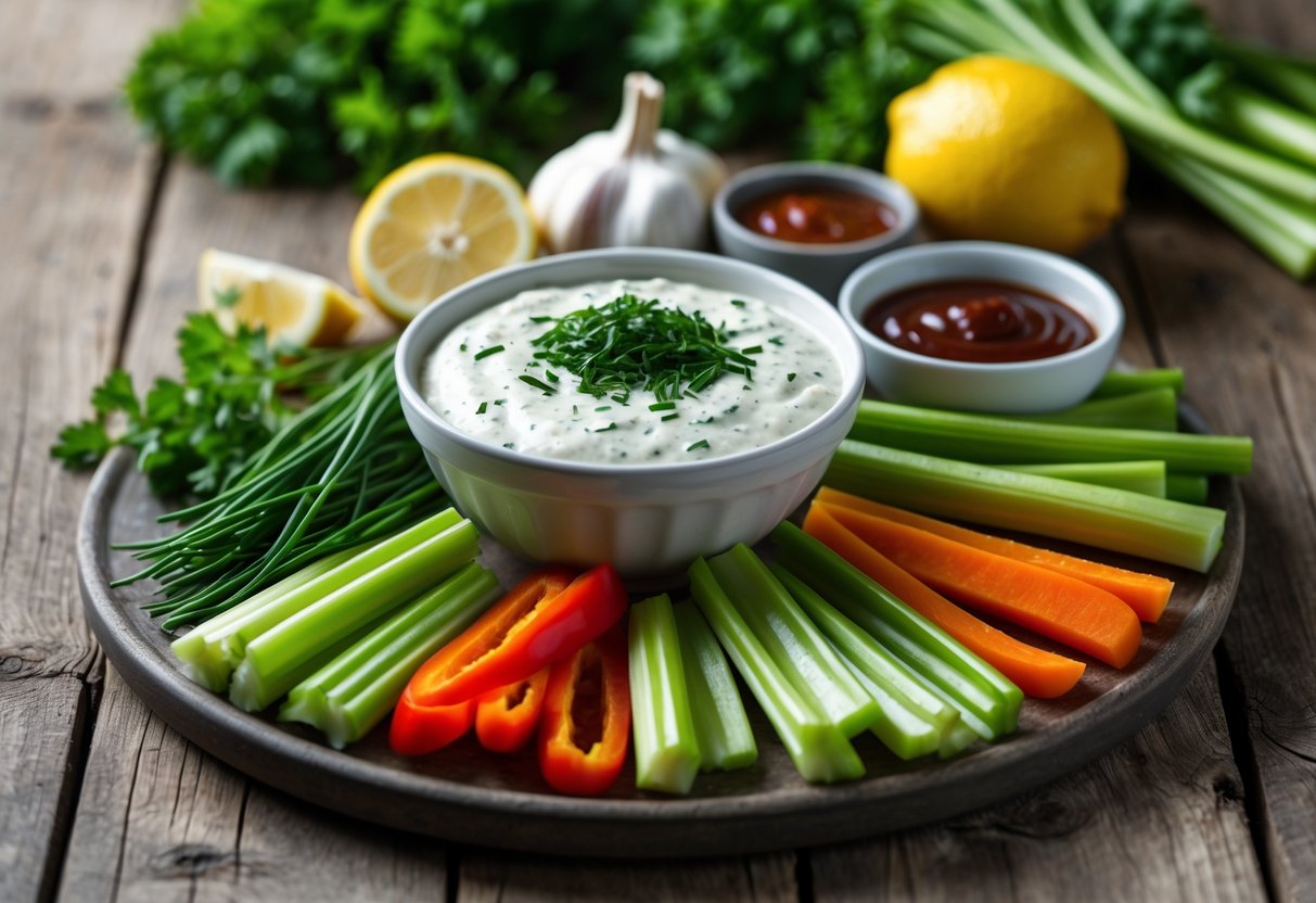 A bowl of creamy ranch BBQ dip surrounded by fresh herbs, garlic, lemon wedge, BBQ sauce, and colorful vegetable sticks on a wooden table.