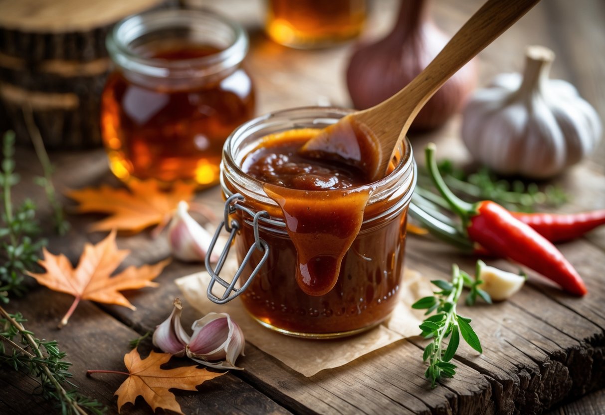 A jar of maple bourbon BBQ sauce with a wooden spoon, surrounded by maple leaves, bourbon, chili peppers, garlic, and herbs on a wooden table.
