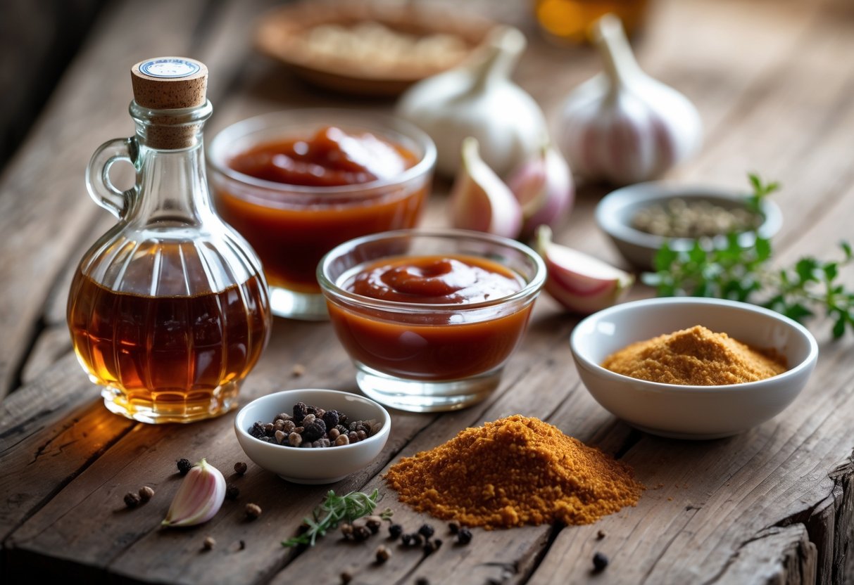 A wooden table with bowls and ingredients for making maple bourbon BBQ sauce including maple syrup, bourbon, ketchup, brown sugar, garlic, peppercorns, paprika, thyme, and vinegar.