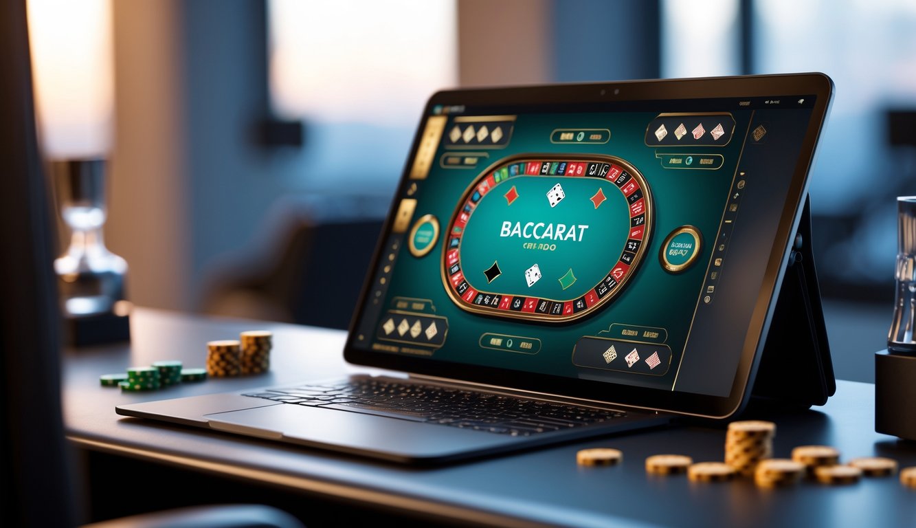 Meja permainan baccarat online interaktif yang ditampilkan di layar komputer dengan suasana ruang kerja modern dan pencahayaan lembut.