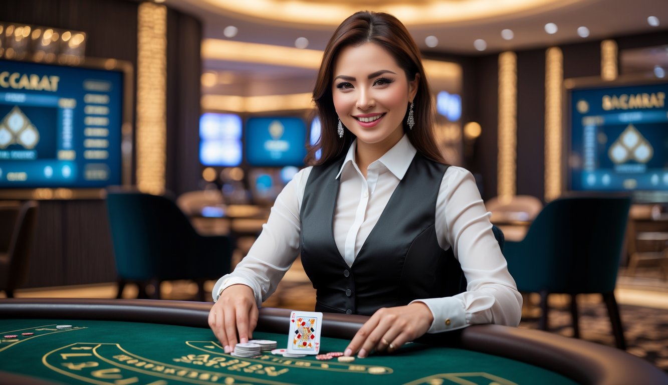 Seorang dealer wanita profesional duduk di meja baccarat modern dengan suasana kasino yang elegan dan layar digital di latar belakang.