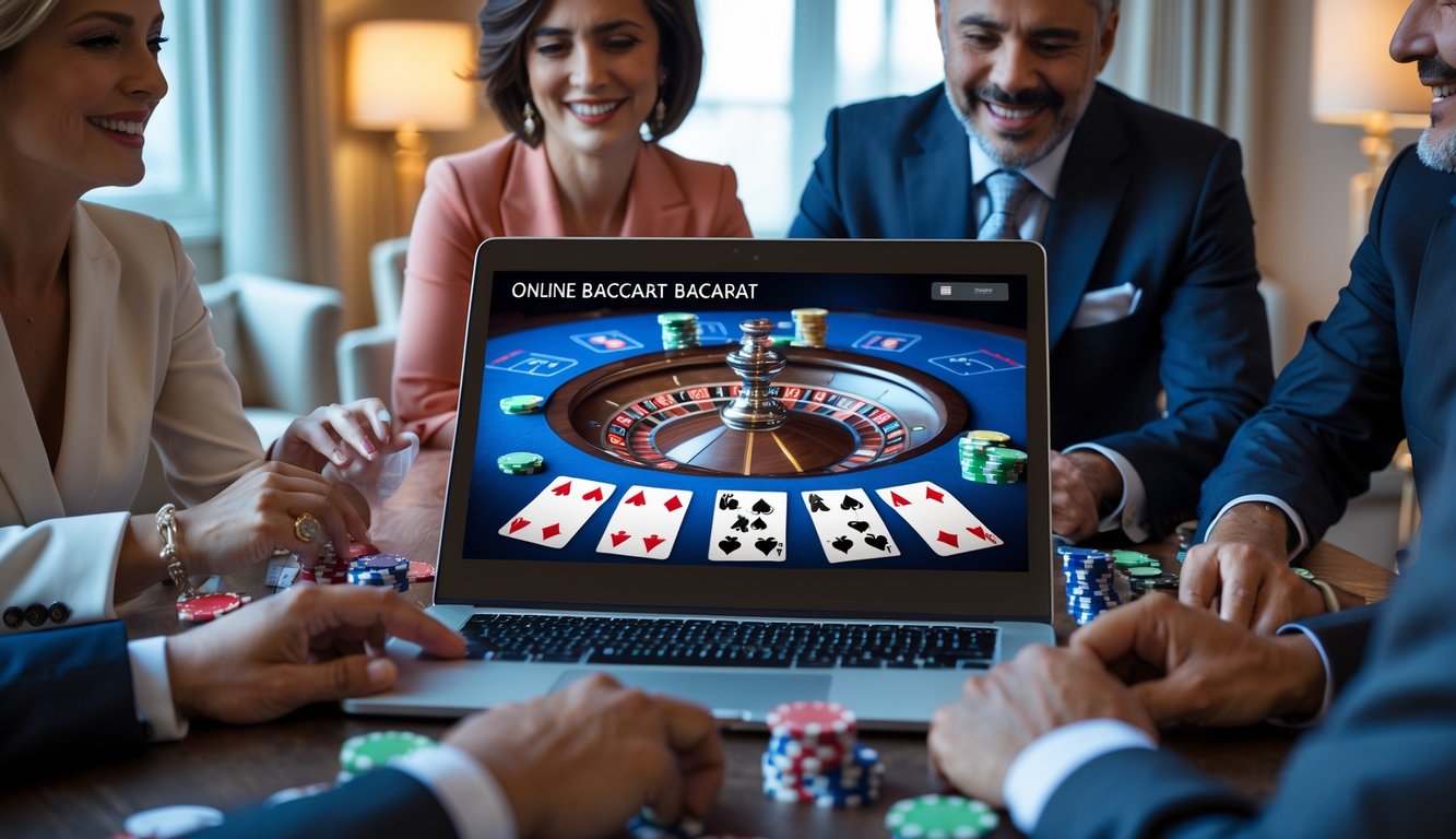 Orang-orang sedang bermain baccarat online di depan layar komputer di ruangan yang nyaman dan mewah.
