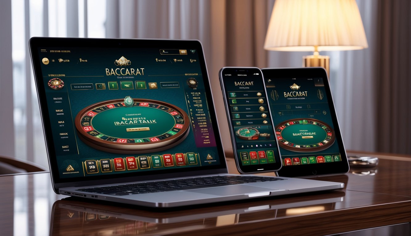 Tampilan antarmuka platform baccarat online di laptop dan ponsel di atas meja kayu dengan berbagai pilihan meja permainan.