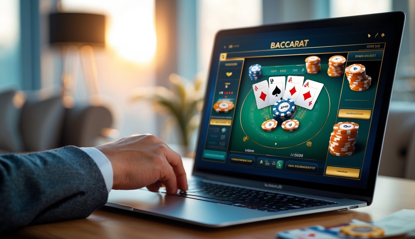 Seseorang menggunakan komputer dengan tampilan permainan baccarat online yang menarik dan cepat di layar.