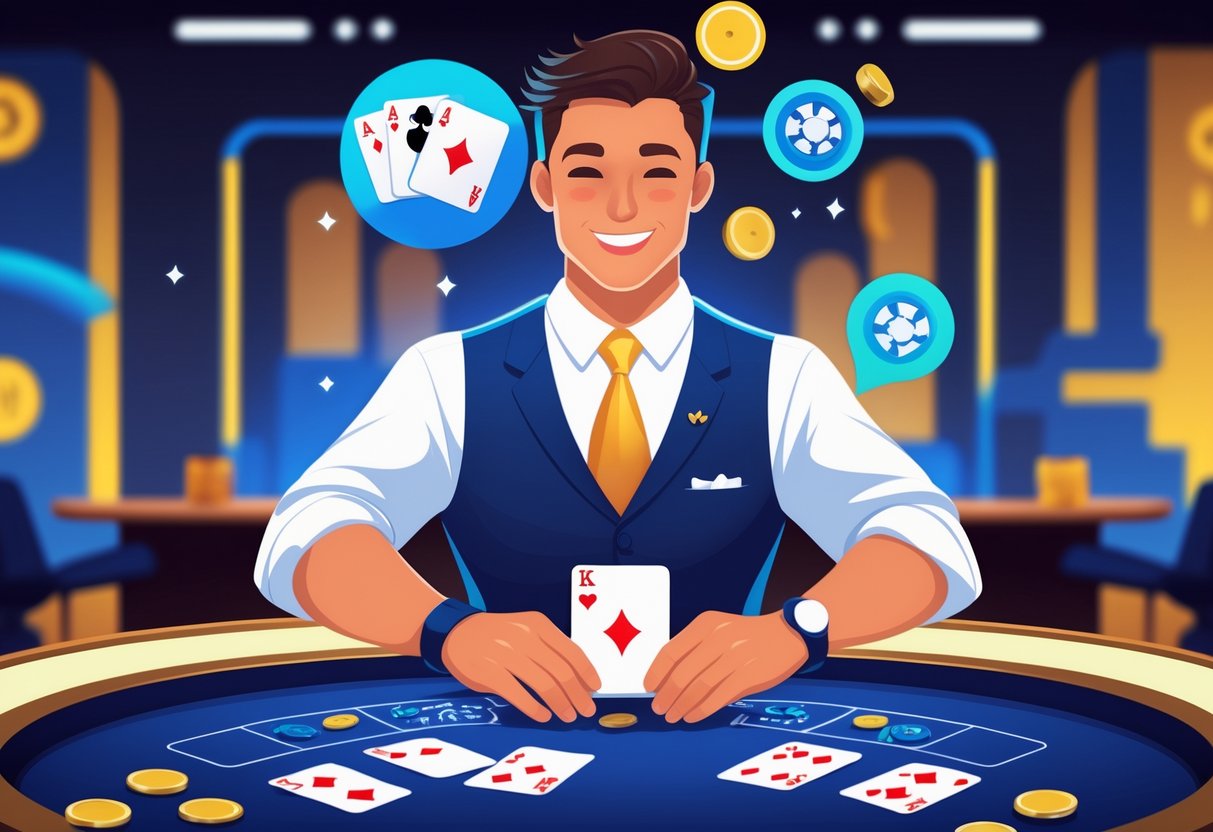 Seorang dealer kartu tersenyum sedang membagikan 13 kartu di ruangan permainan kartu yang modern dan terang.