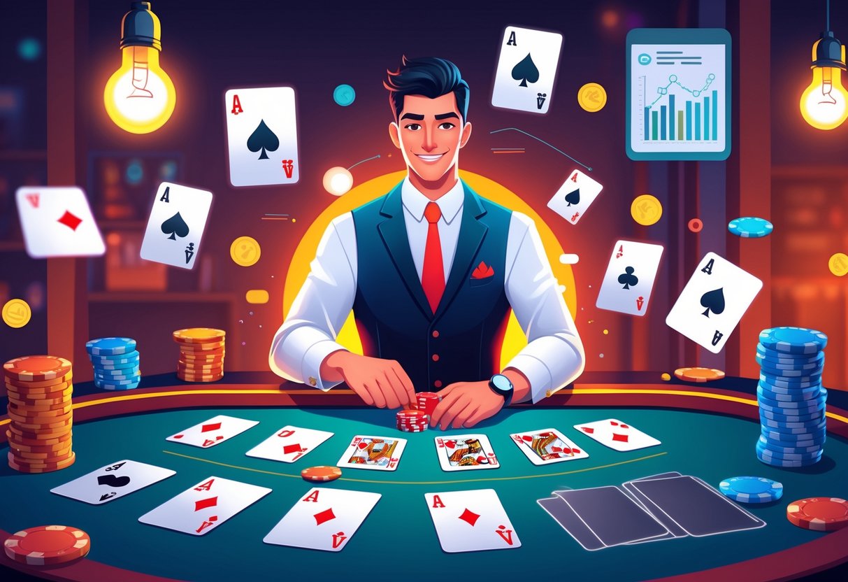 Seorang dealer kartu 13 sedang mengatur kartu di meja permainan dengan suasana yang profesional dan menarik.