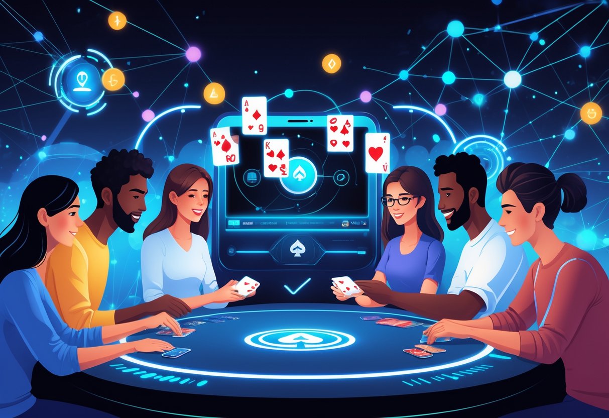 Sekelompok pemain yang fokus bermain kartu secara online dengan antarmuka digital modern dan dealer virtual di latar belakang yang menunjukkan suasana permainan yang seru dan interaktif.