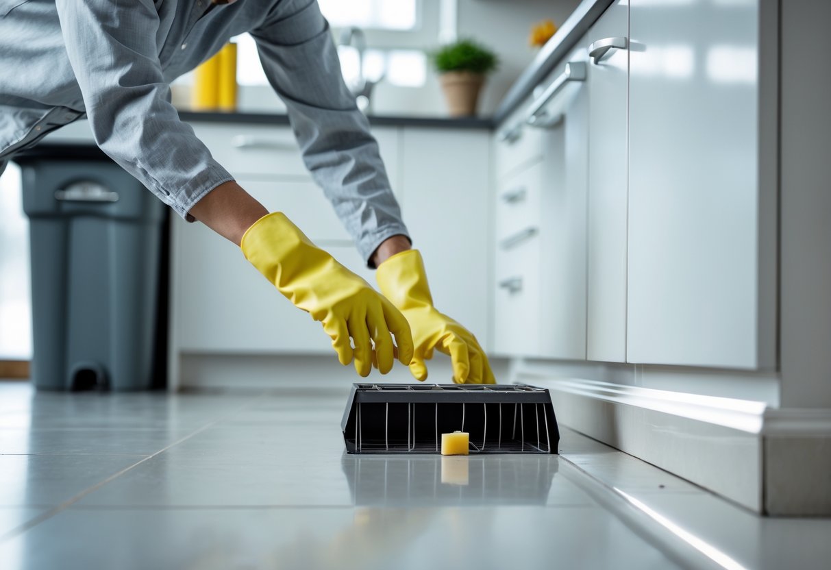 A person wearing gloves placing a humane rat trap in a clean kitchen corner.