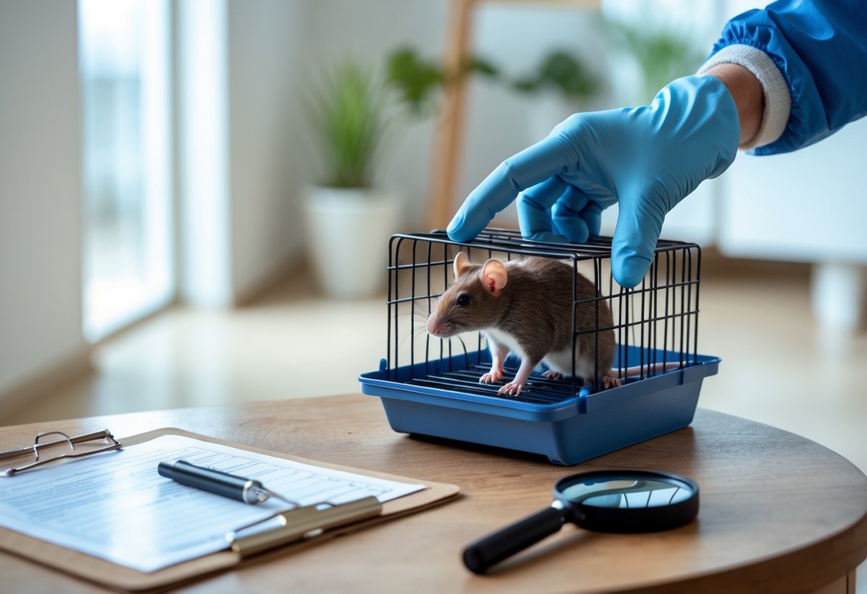 A person wearing gloves holds a humane rat trap with a small brown rat inside in a home setting showing signs of infestation.