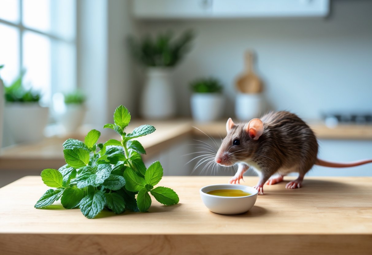 A small rat near a kitchen countertop with peppermint leaves and essential oil, appearing to retreat.