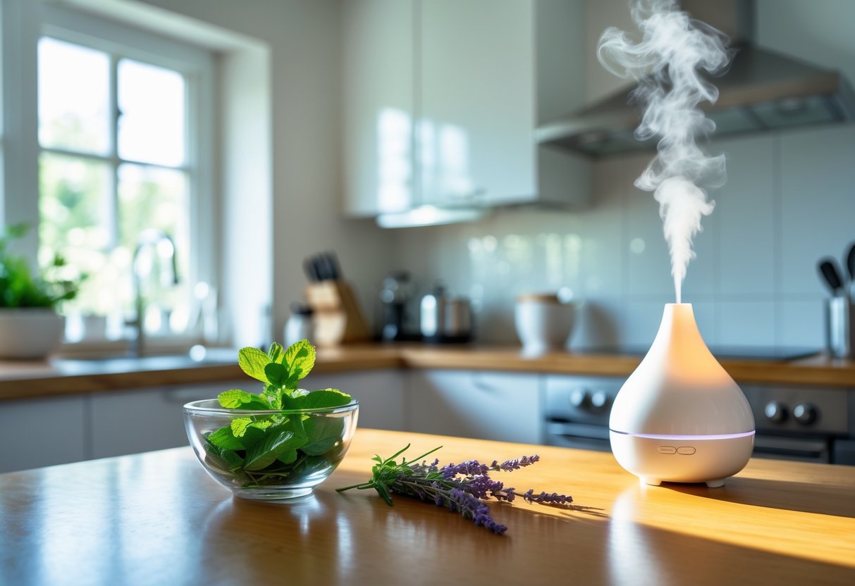 A clean kitchen countertop with a bowl of fresh peppermint leaves, lavender sprigs, and a white diffuser emitting mist.