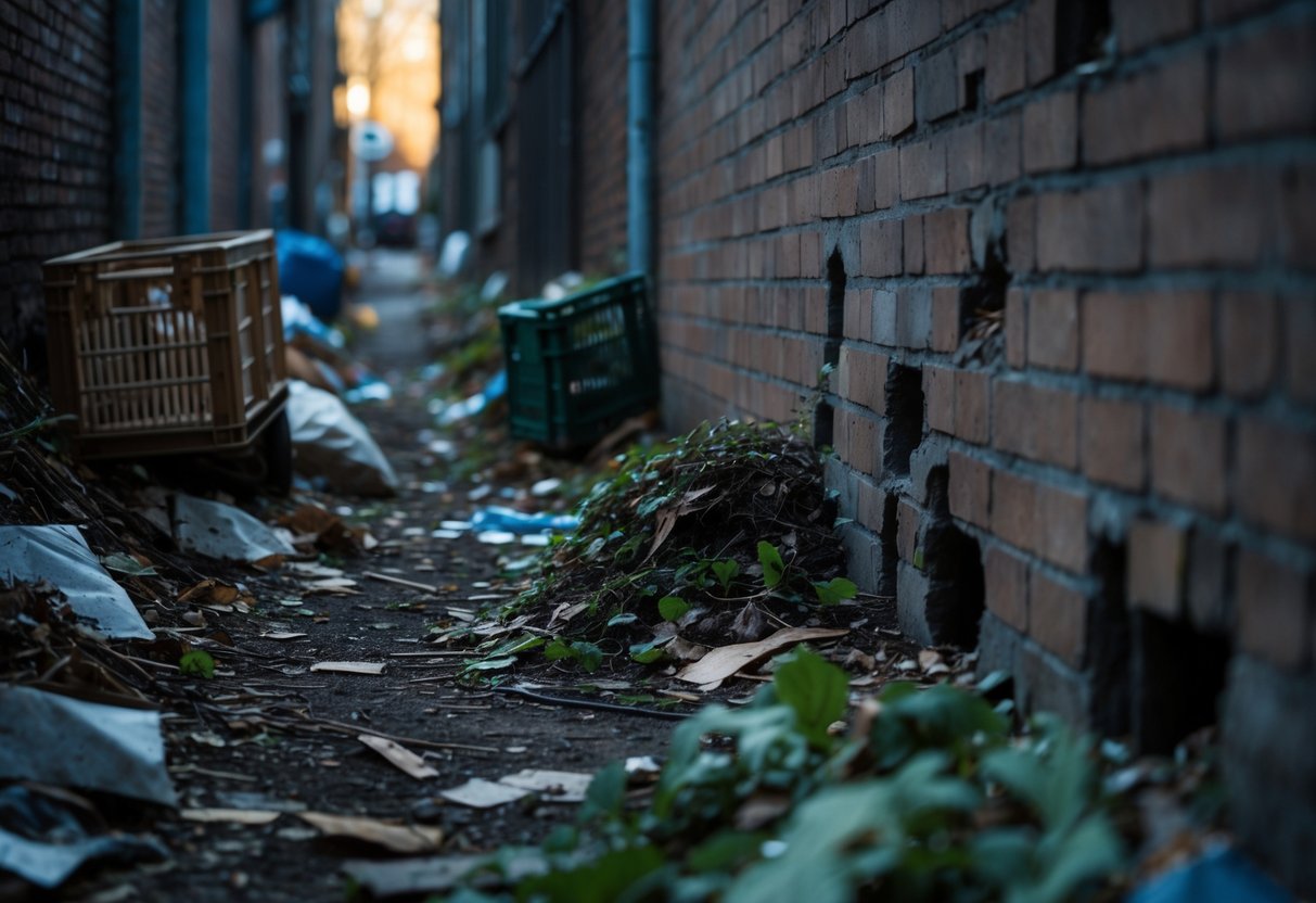 A cluttered urban alley with trash, wooden crates, and cracks in a brick wall, showing typical rat hiding spots during the day.
