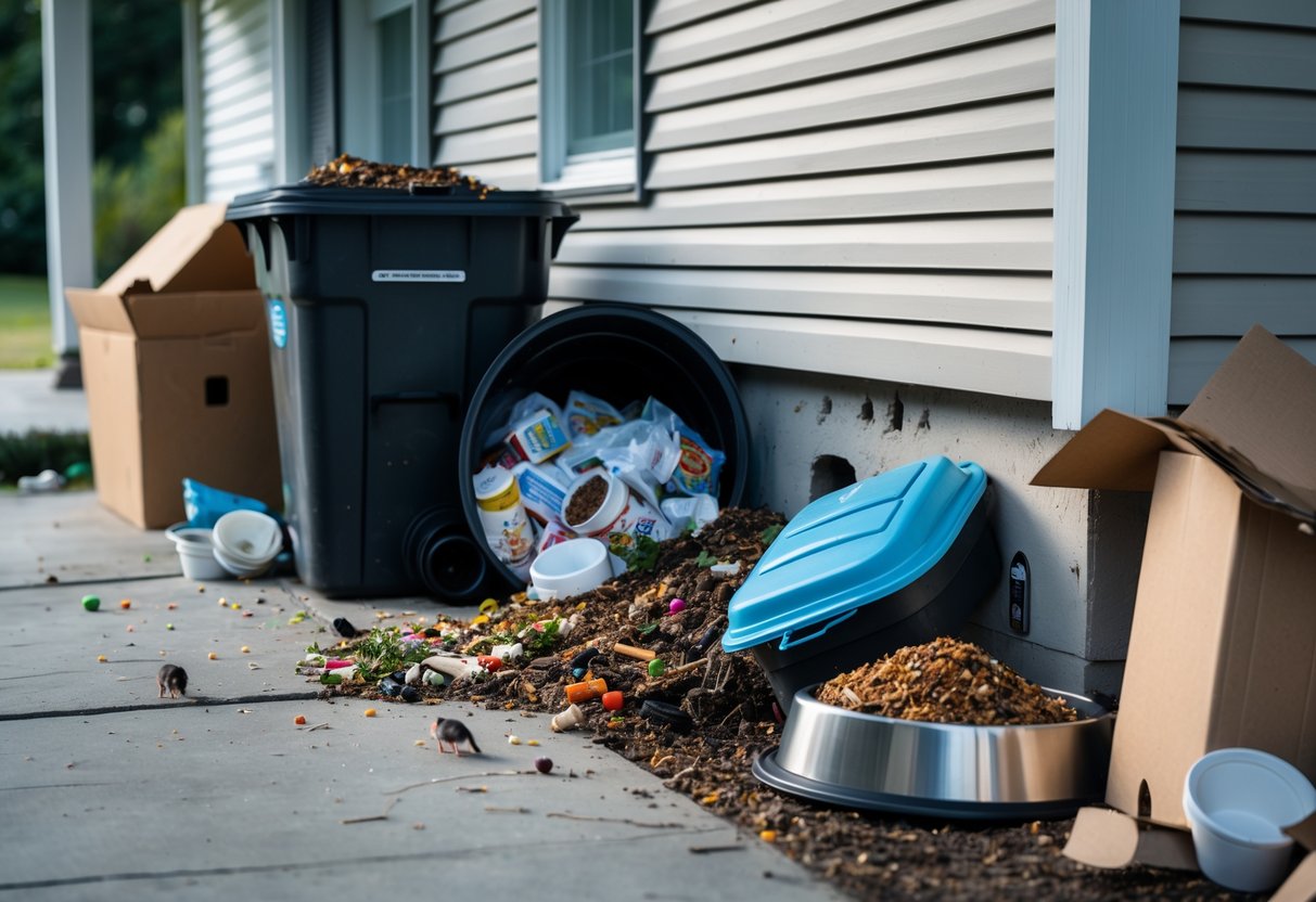 Exterior of a house showing overflowing trash, scattered pet food bowls, compost bin, and clutter near the walls that attract rats.