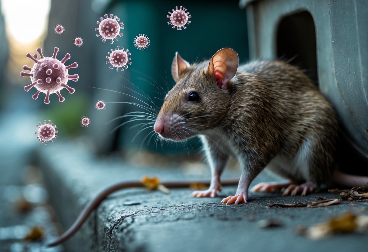 Close-up of a brown rat near a trash bin in an urban setting with faint virus and bacteria icons around it.