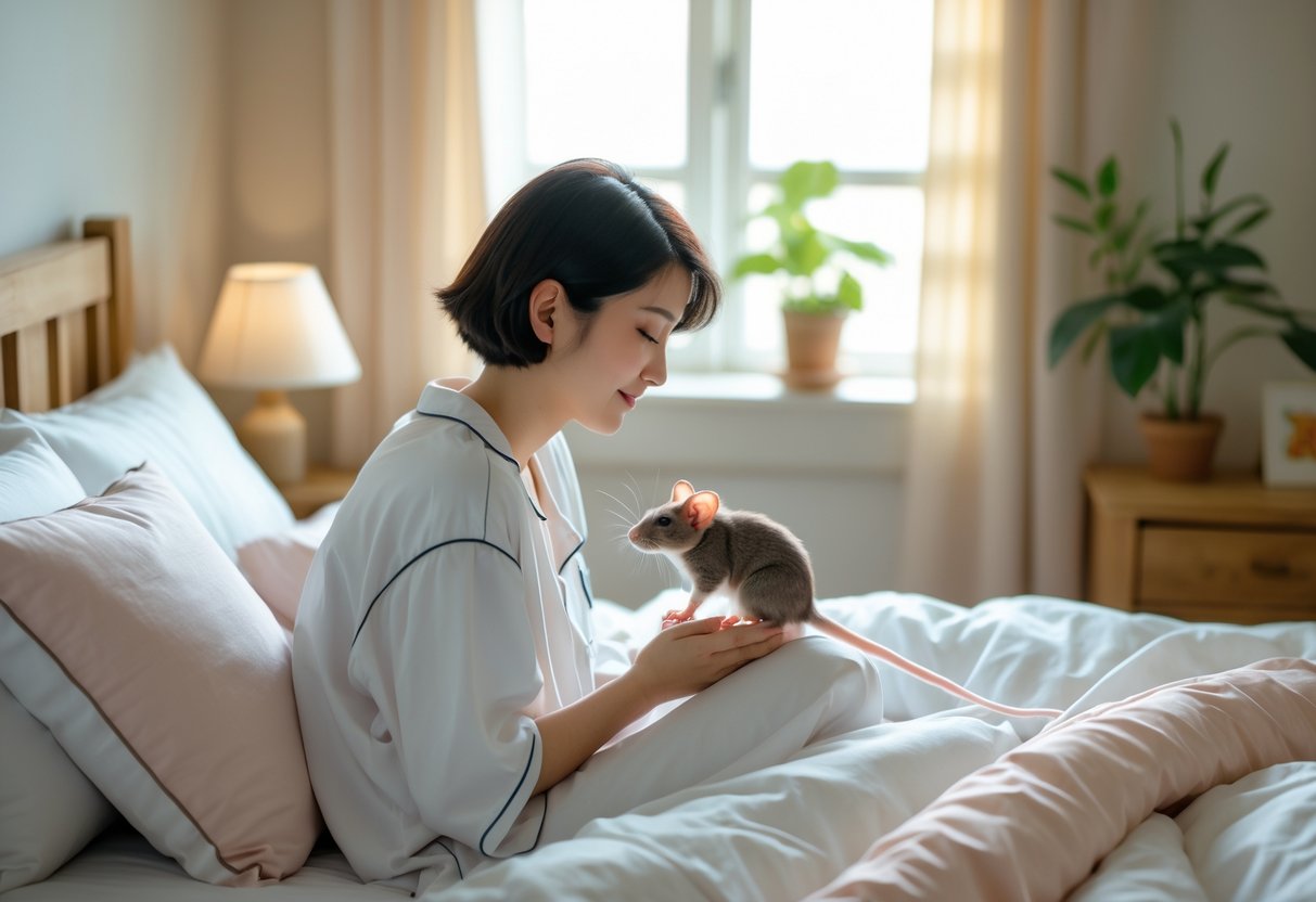 A person sitting on a bed holding a small pet rat in a cozy bedroom.