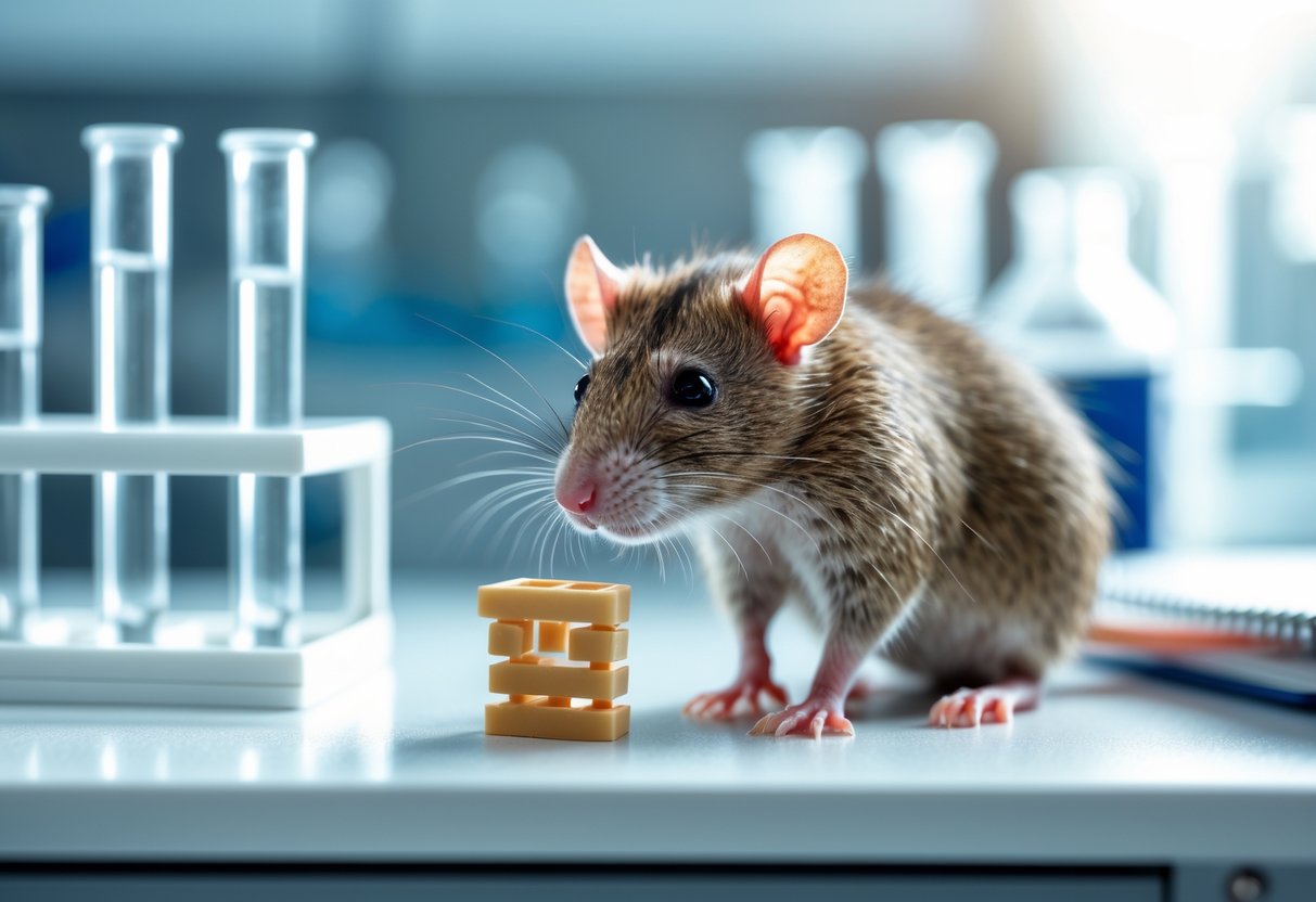 A rat interacting with a small puzzle toy in a laboratory environment.