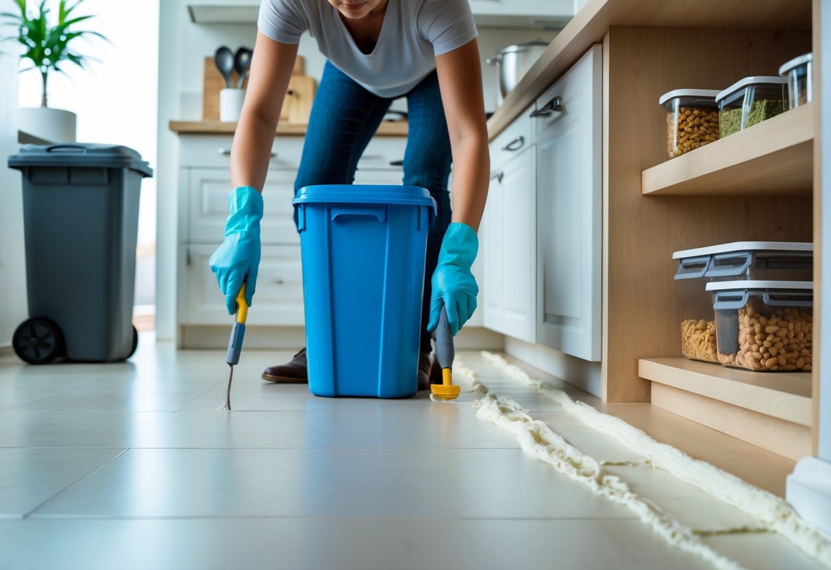 A person sealing cracks near the baseboards in a clean kitchen with sealed trash bins and food stored in airtight containers.
