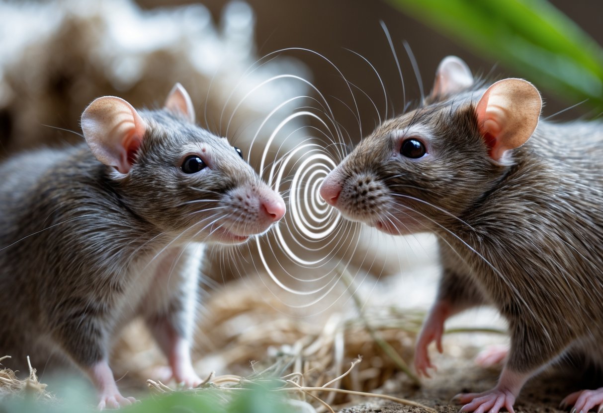 Two rats facing each other with one appearing to emit sound waves, showing communication between them.