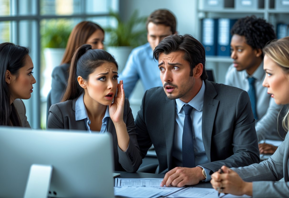 A young woman whispering to a surprised man in a busy office with coworkers working at desks in the background.