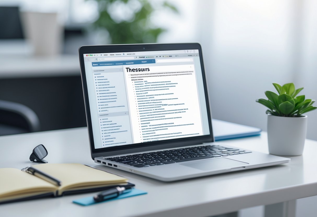 A modern office desk with an open laptop showing a thesaurus webpage, a notebook, pen, and a small potted plant.
