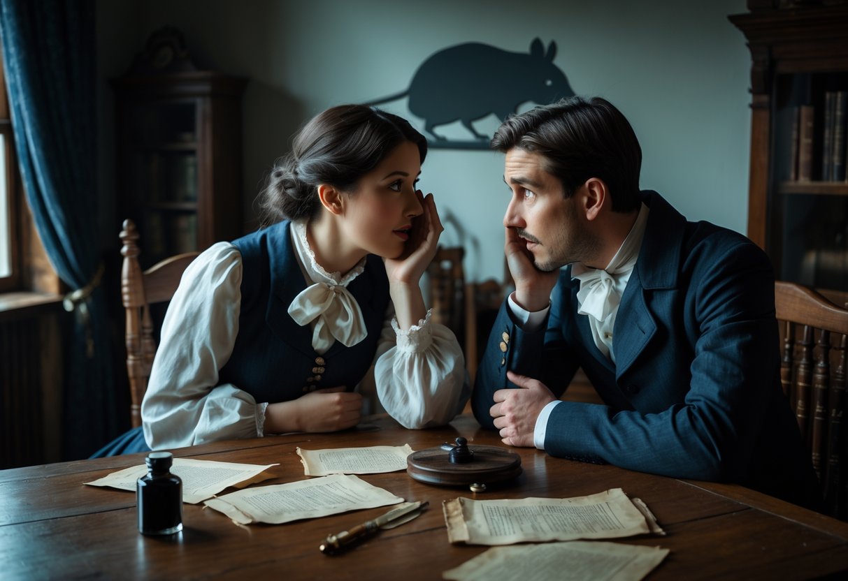 Two people in 19th-century clothing in a dimly lit room, one whispering to the other with a shadow of a rat on the wall behind them.