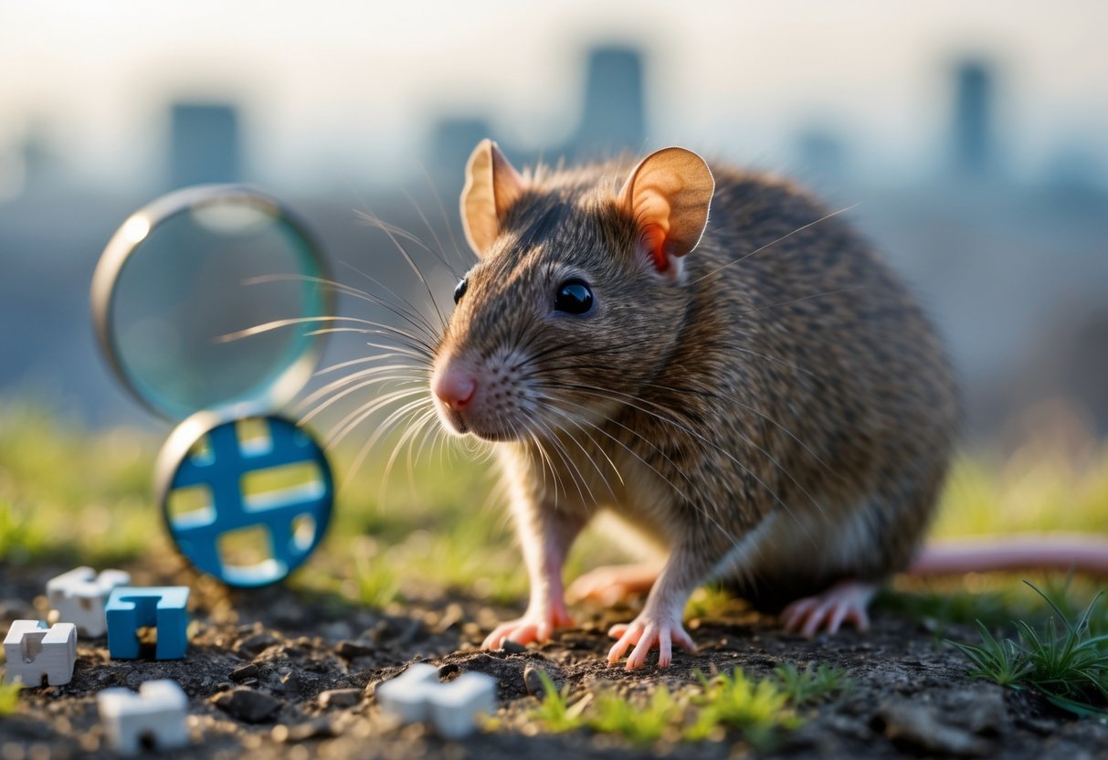 Close-up of a brown rat on grass with blurred background and symbolic objects around it.