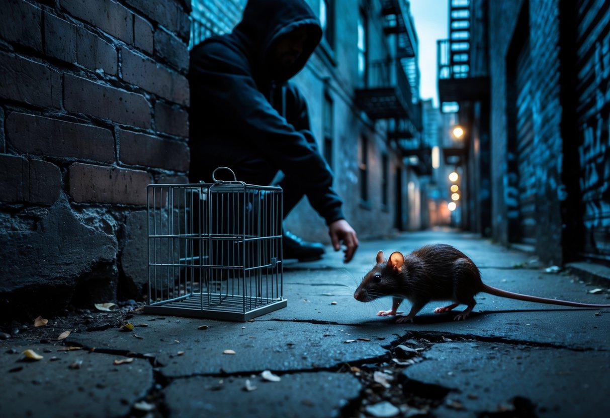 A shadowy figure in a dark hoodie sets a small cage trap in a dimly lit urban alley with a brown rat nearby.