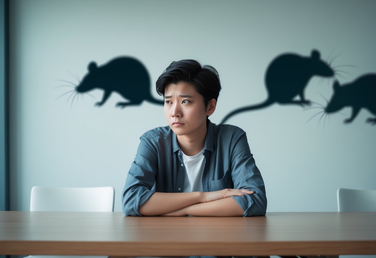 A person sitting alone at a table in an office, looking thoughtful and confused.