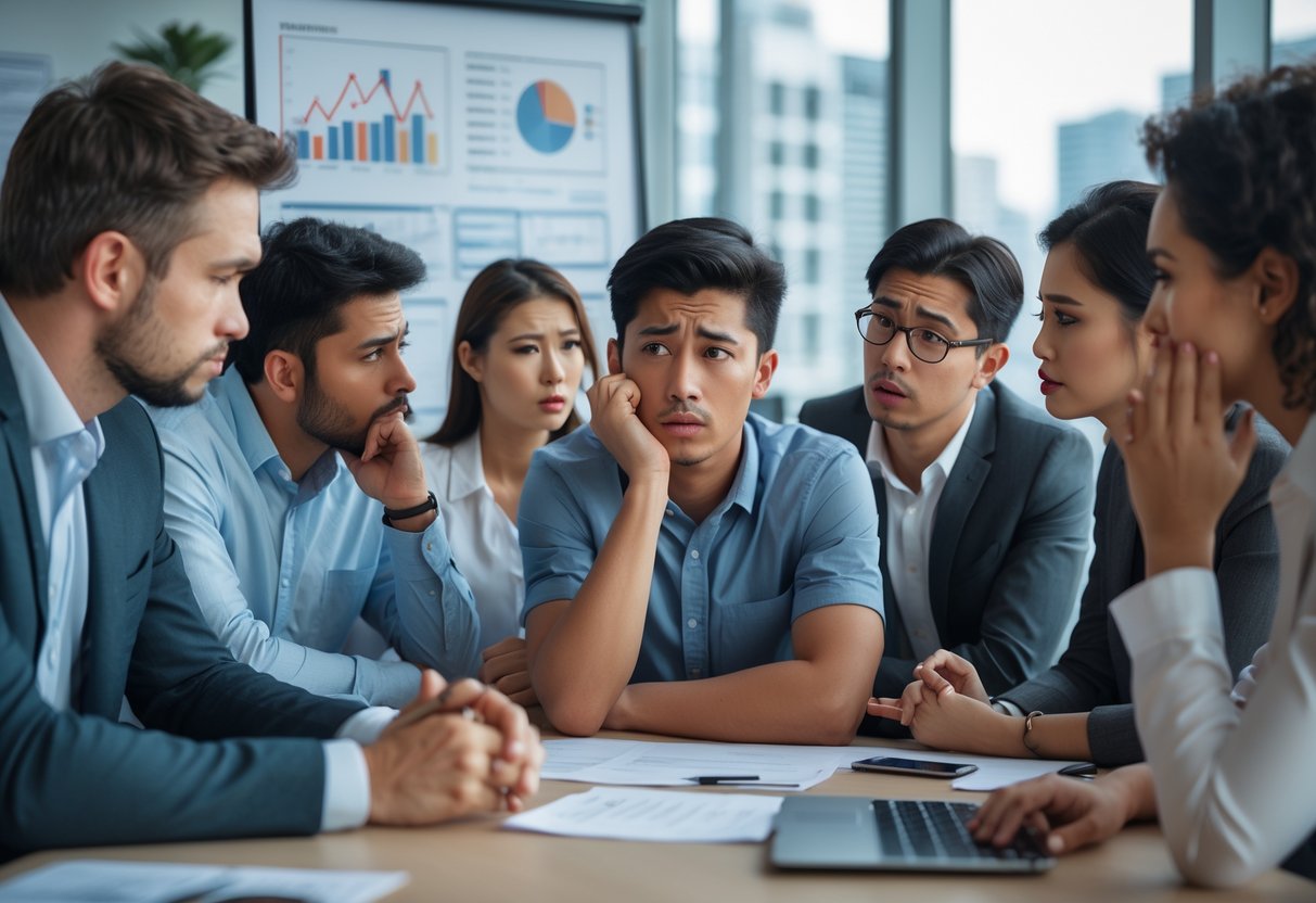 A young adult in an office looks thoughtful and isolated while colleagues around them show mixed reactions during a serious discussion.