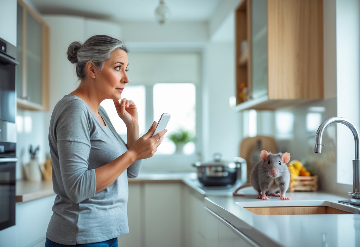 A woman in a kitchen looking concerned as a small rat peeks out from behind the cabinets.
