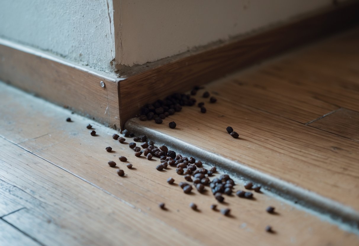 Close-up of a corner on a wooden floor with small dark rat droppings near the base of a wall.