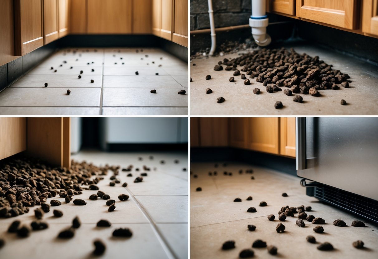 Close-up of rat droppings found in typical indoor places like kitchen cabinets, basement corners, pantry shelves, and behind a refrigerator.