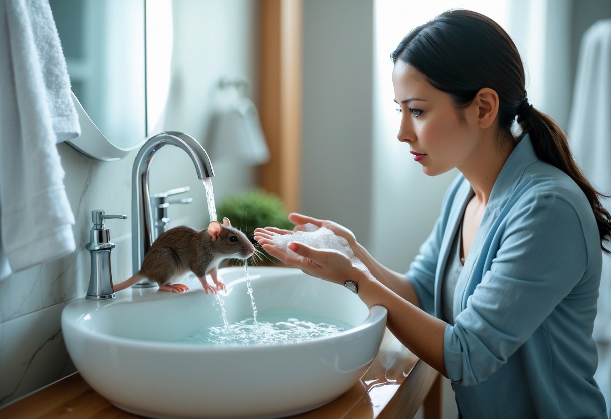A woman washing her hands at a sink after touching a small rat on a table nearby.