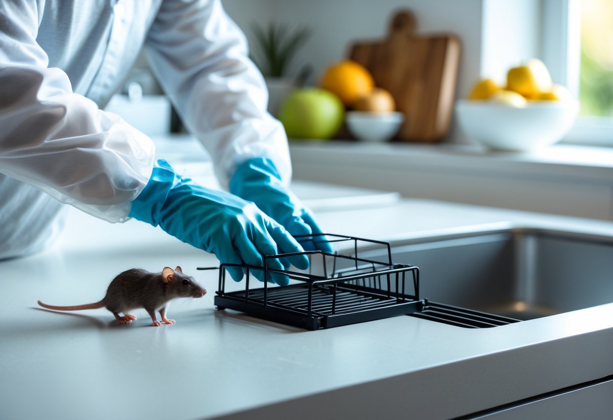 Person wearing gloves setting a humane rat trap in a kitchen with a rat nearby.