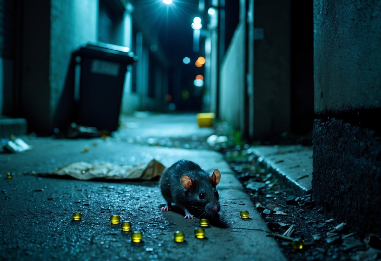 A small dead rat lying on the ground near scattered poison pellets in a dimly lit urban alley.